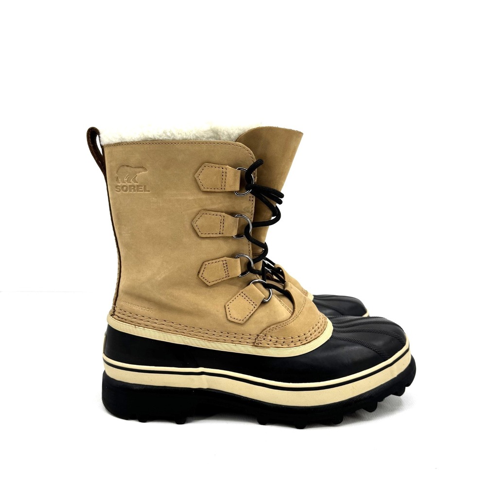 Sorel Caribou Waterproof Boots Mens 8.5 Tan Leather Winter Snow Faux Fur